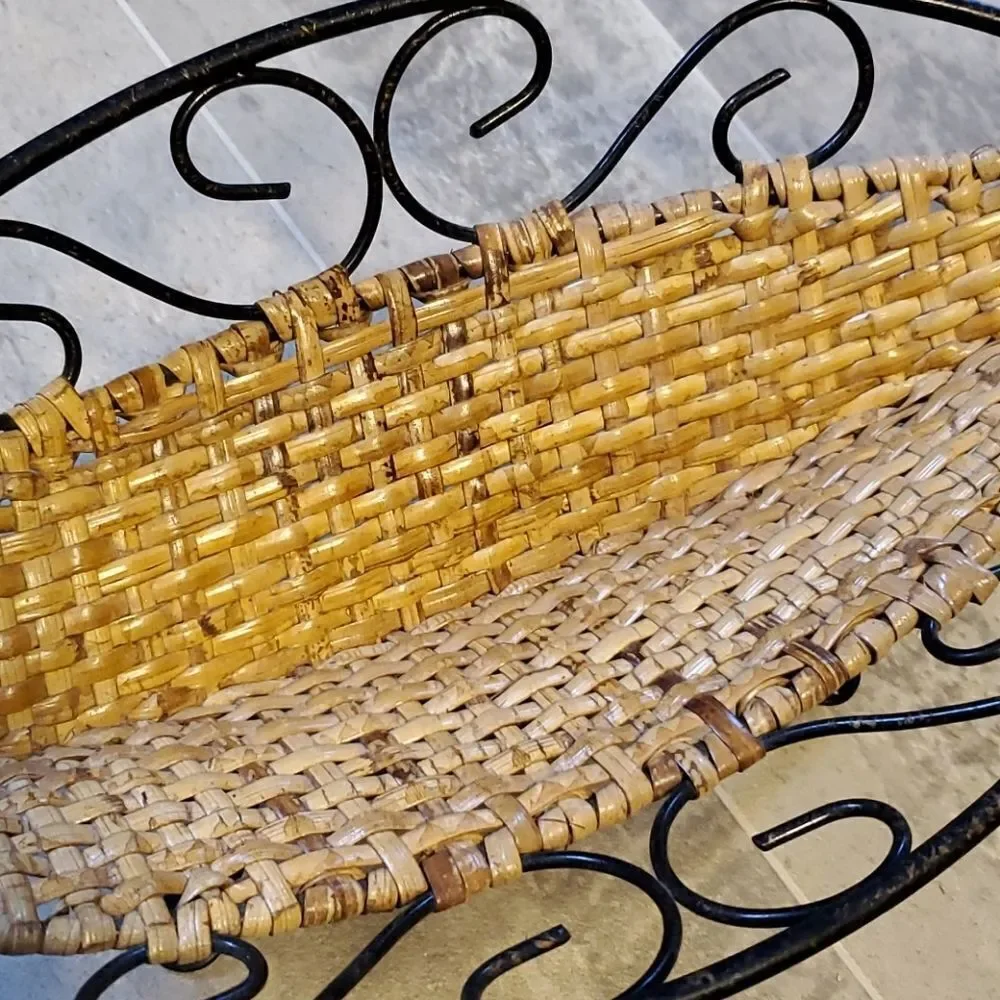 Vintage Sm Rod Iron & Wicker Basket w/Vintage 7 Pieces of Fruit